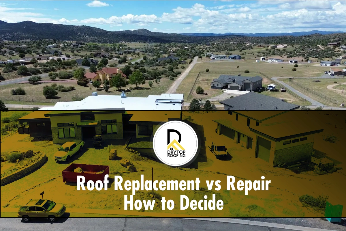 Roof repair vs replacement: aerial view of modern homes with new flat roofs under construction