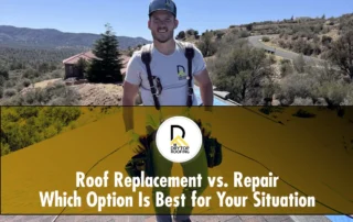 Roof Replacement vs. Repair: roofer stands on shingle roof with underlayment work underway