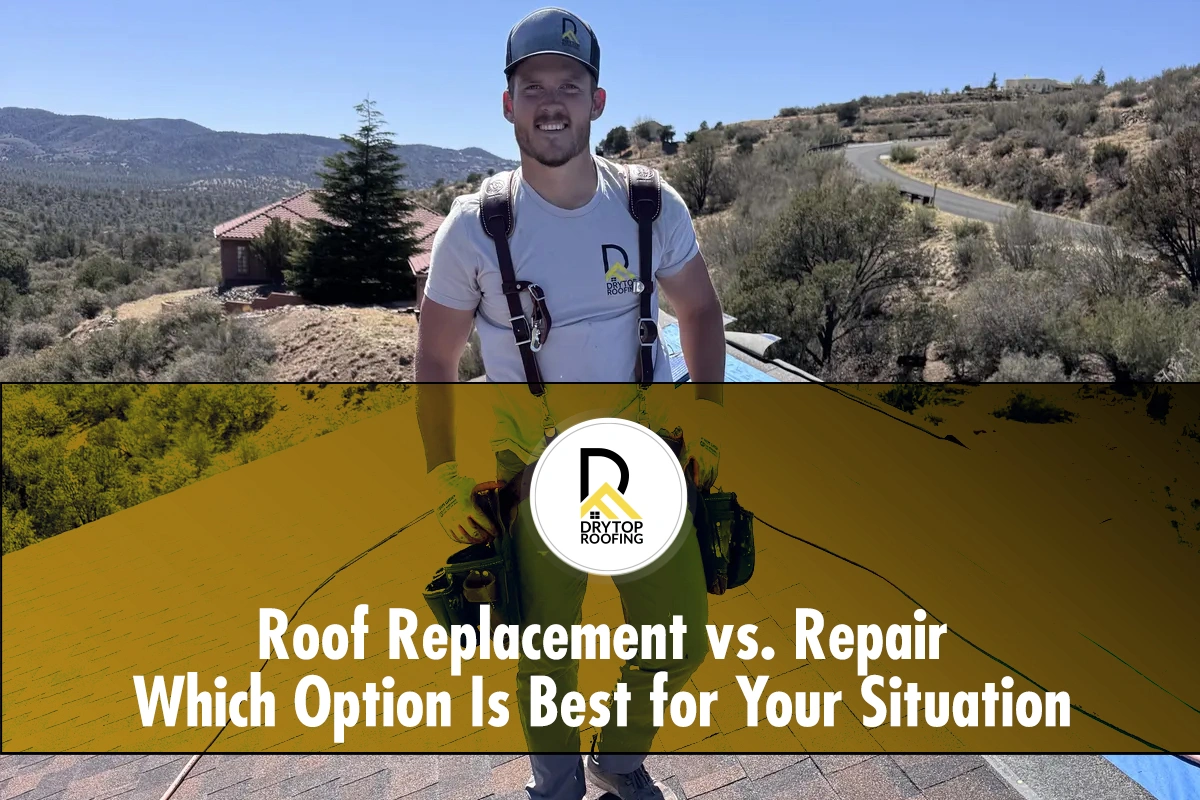 Roof Replacement vs. Repair: roofer stands on shingle roof with underlayment work underway