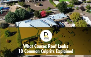 What causes roof leaks: aerial view of home roof with underlayment and repair crews