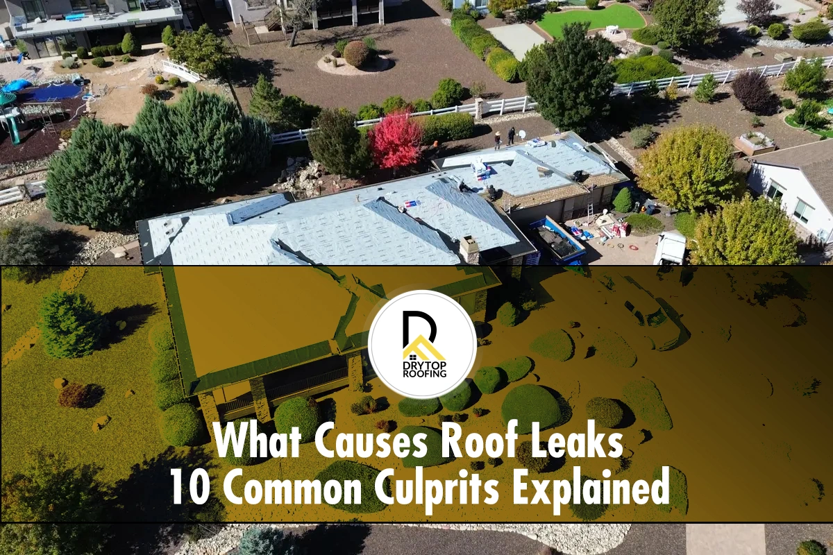 What causes roof leaks: aerial view of home roof with underlayment and repair crews