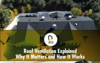 Roof ventilation: aerial view of shingle roof with vents and chimneys on a large home