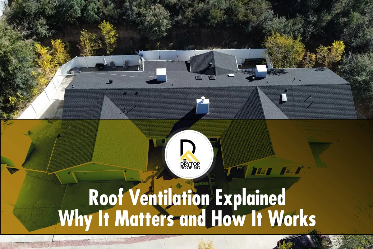 Roof ventilation: aerial view of shingle roof with vents and chimneys on a large home