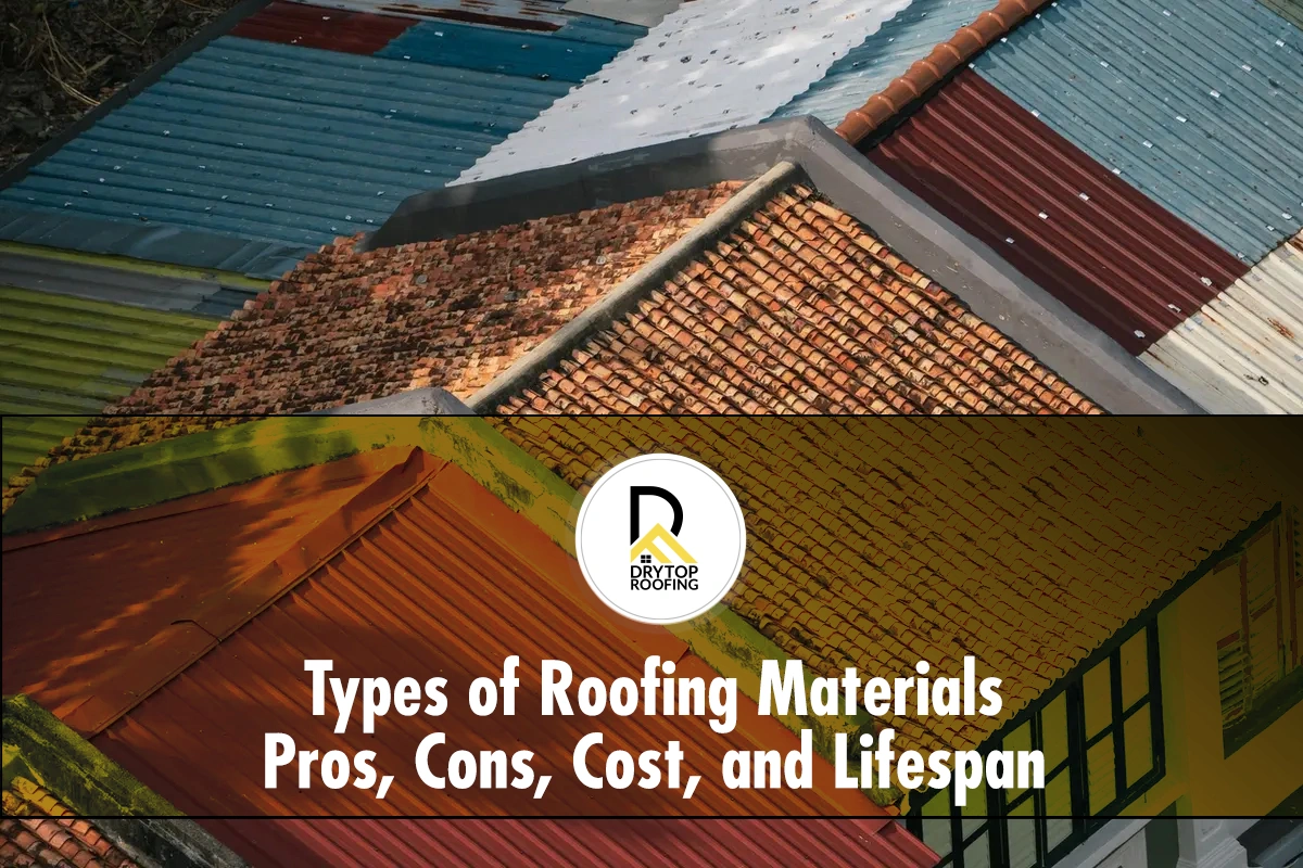 Types-of-Roofing-Materials-Pros-Cons-Cost-and-Lifespan Mixed roof surfaces with clay tiles and metal panels, showing types of roofing materials used today.