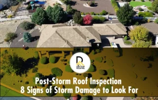 Missing shingles and exposed decking at the roof edge are signs of roof damage after a storm for Drytop.