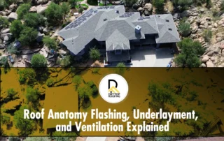 Aerial view of shingle roof with vents and valleys, illustrating roof anatomy on a modern home.