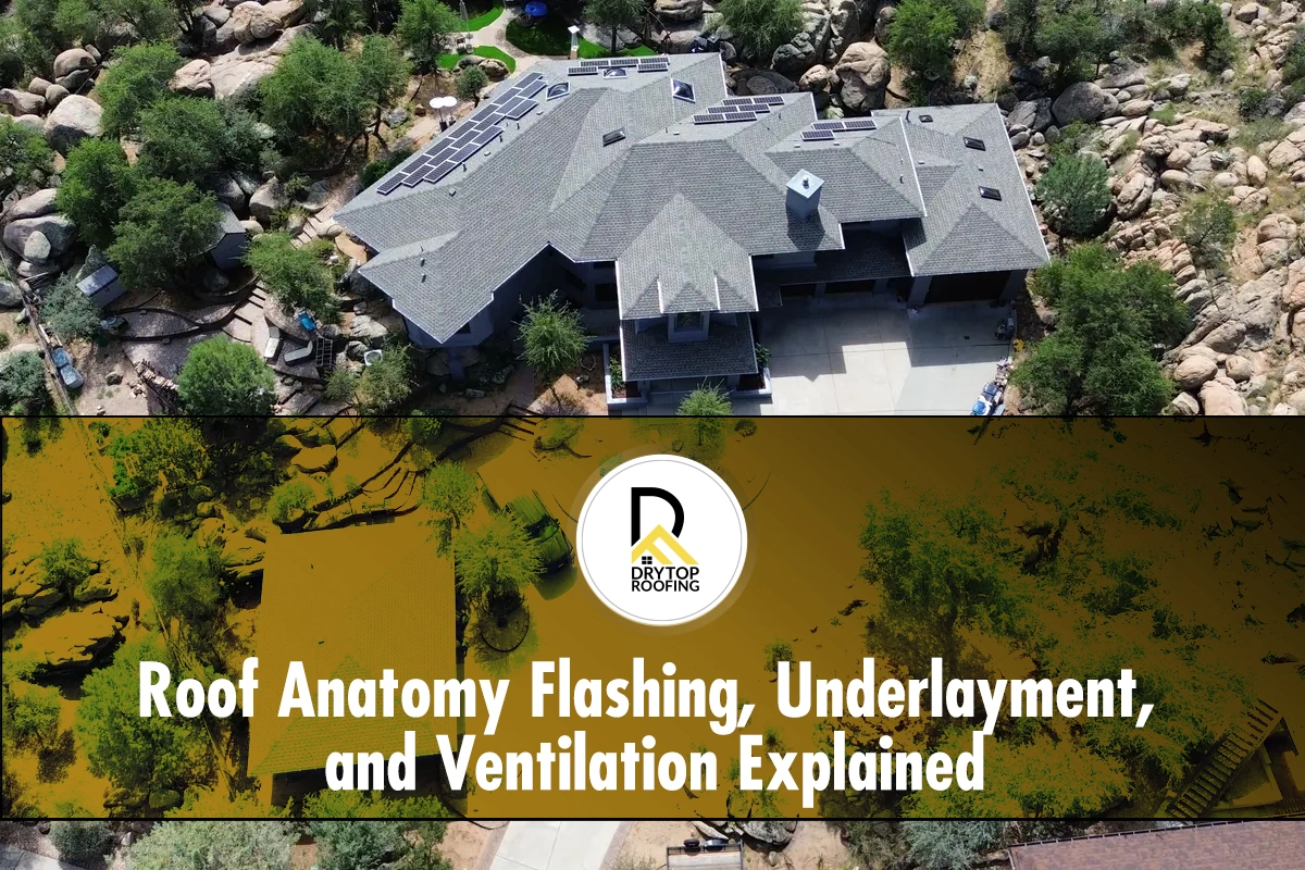 Roof-Anatomy-Flashing-Underlayment-and-Ventilation-Explained Aerial view of shingle roof with vents and valleys, illustrating roof anatomy on a modern home.