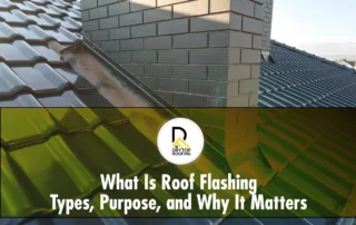 What is roof flashing: branded roof graphic showing chimney flashing on tile roofing in Arizona sun.
