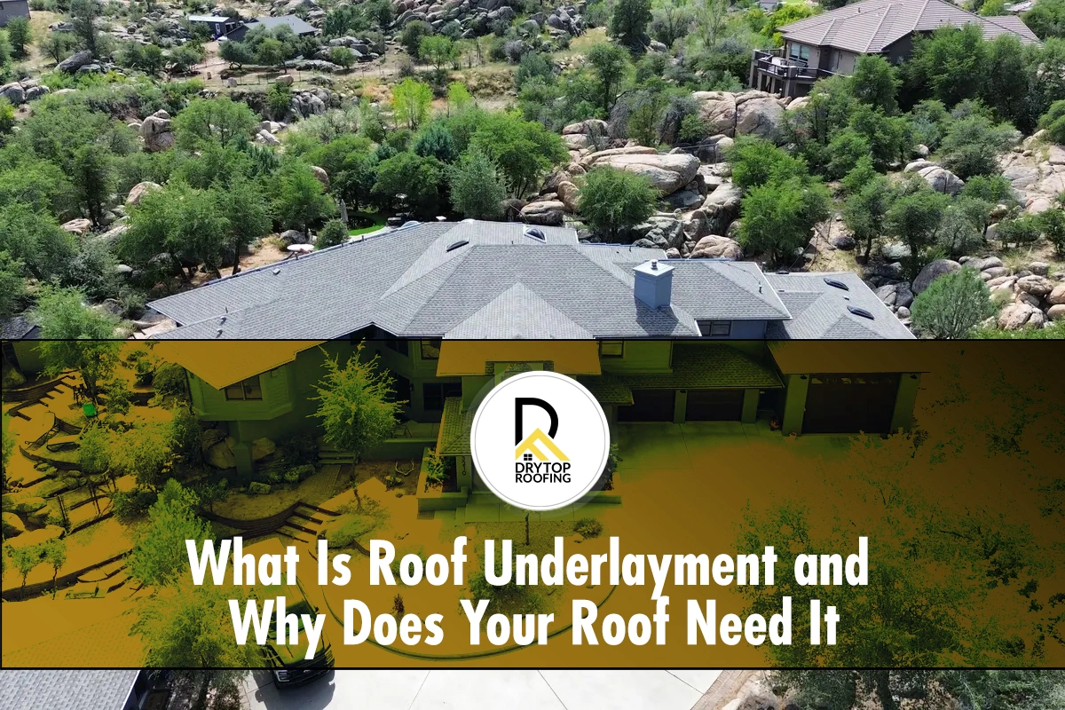 What-Is-Roof-Underlayment-and-Why-Does-Your-Roof-Need-It Aerial view of roof underlayment installed on new home before shingles, Drytop roofing prep.
