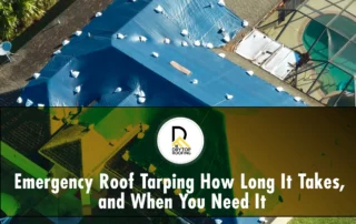 Emergency roof tarping: aerial view of home roof covered with blue tarp after storm damage.