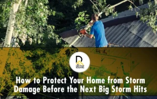 How to protect your home from storm damage: worker trims branches near a roof from a lift.