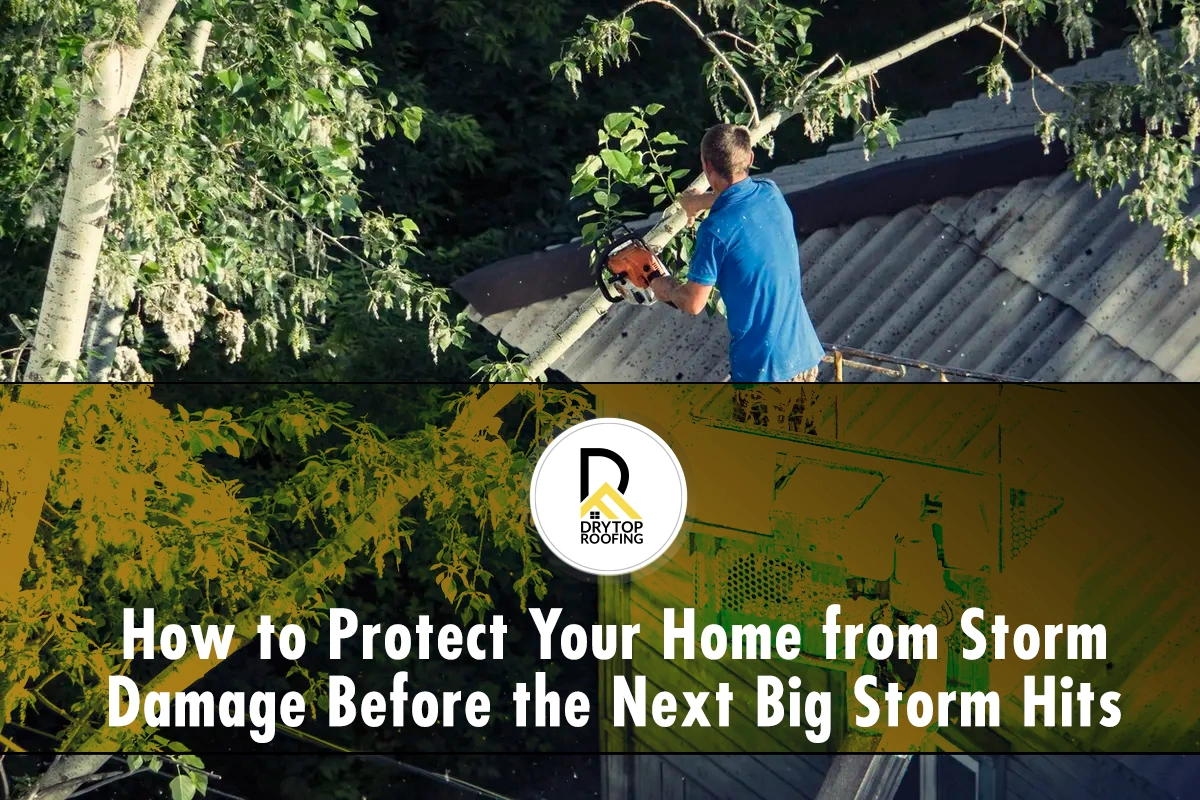 How to protect your home from storm damage: worker trims branches near a roof from a lift.
