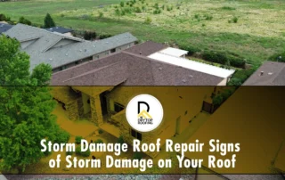 signs of storm damage shown through an aerial view of a residential roof after severe weather.