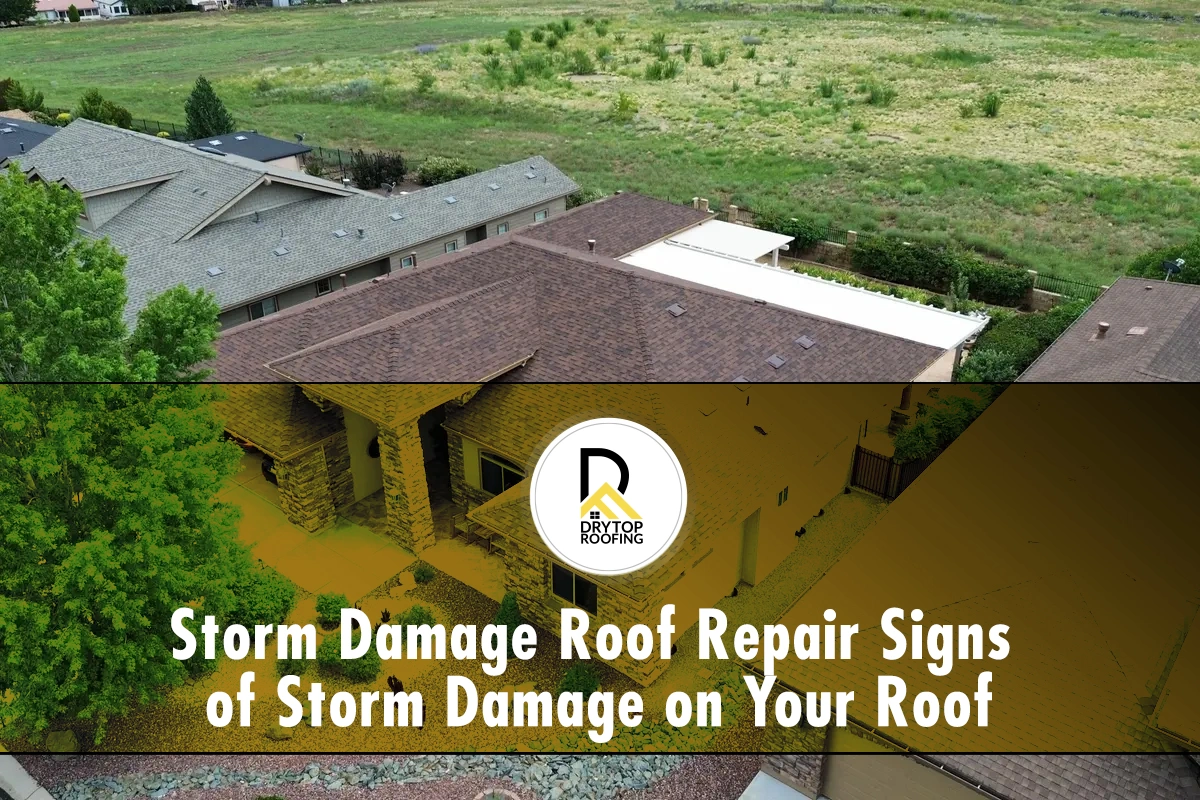 signs-of-storm-damage signs of storm damage shown through an aerial view of a residential roof after severe weather.
