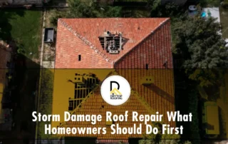 Storm Roof Damage Repair: aerial view of broken tile roof with holes and exposed decking after storm.