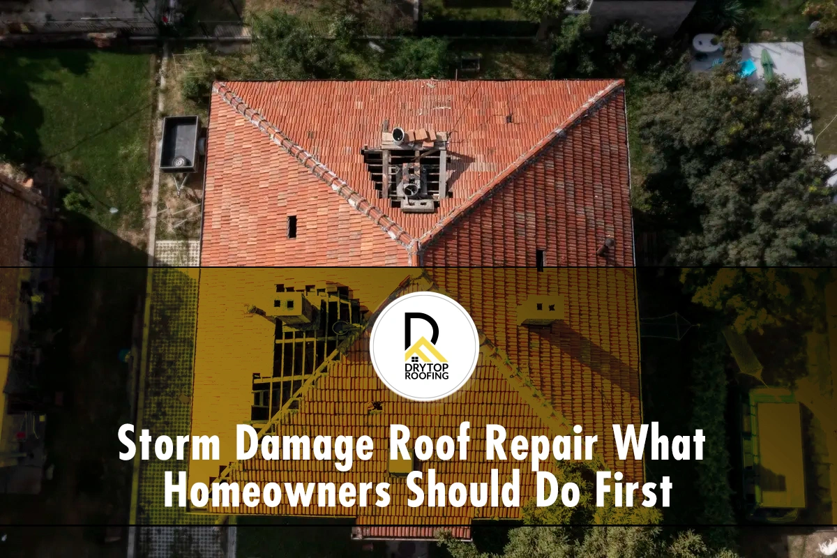 storm-roof-damage-repair-broken-tile-roof Storm Roof Damage Repair: aerial view of broken tile roof with holes and exposed decking after storm.