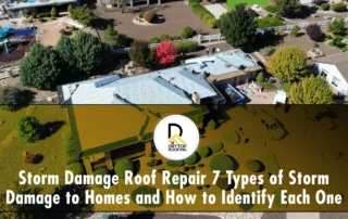 types of storm damage to homes shown through an aerial view of a residential property with roofing work in progress.
