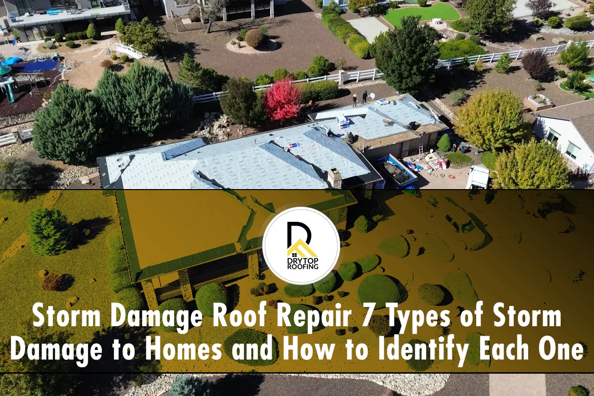 types-of-storm-damage-to-homes types of storm damage to homes shown through an aerial view of a residential property with roofing work in progress.