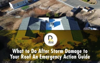 what to do after storm damage shown through an aerial view of a residential roof following severe weather.