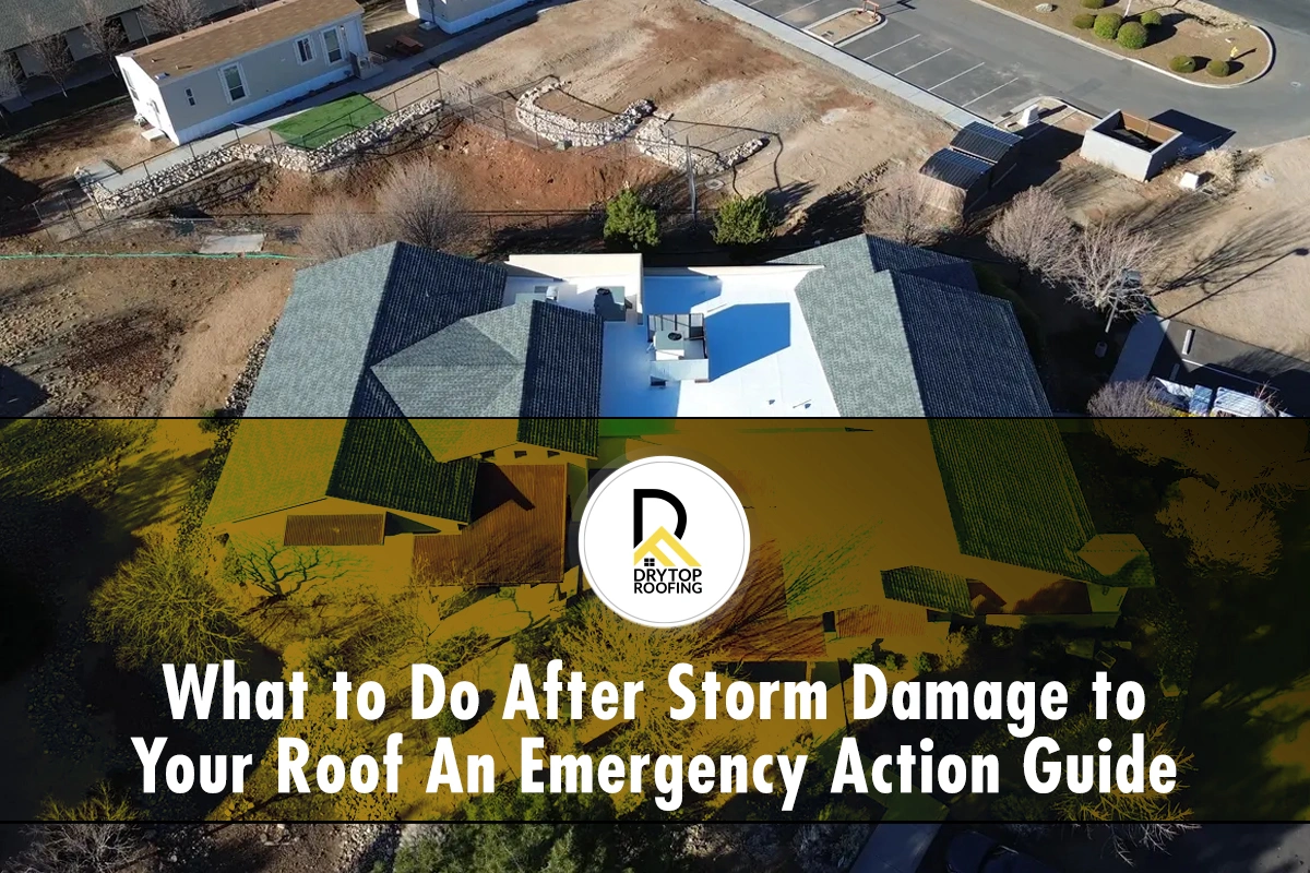 what to do after storm damage shown through an aerial view of a residential roof following severe weather.